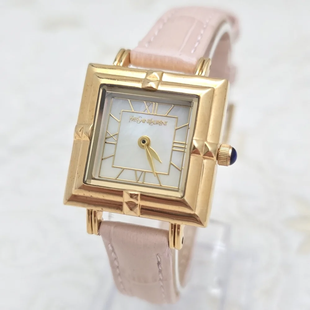 YSL Yves Saint Laurent Tank Watch 23mm Case Art Deco Mother of Pearl Pink Strap - Picture 11 of 11